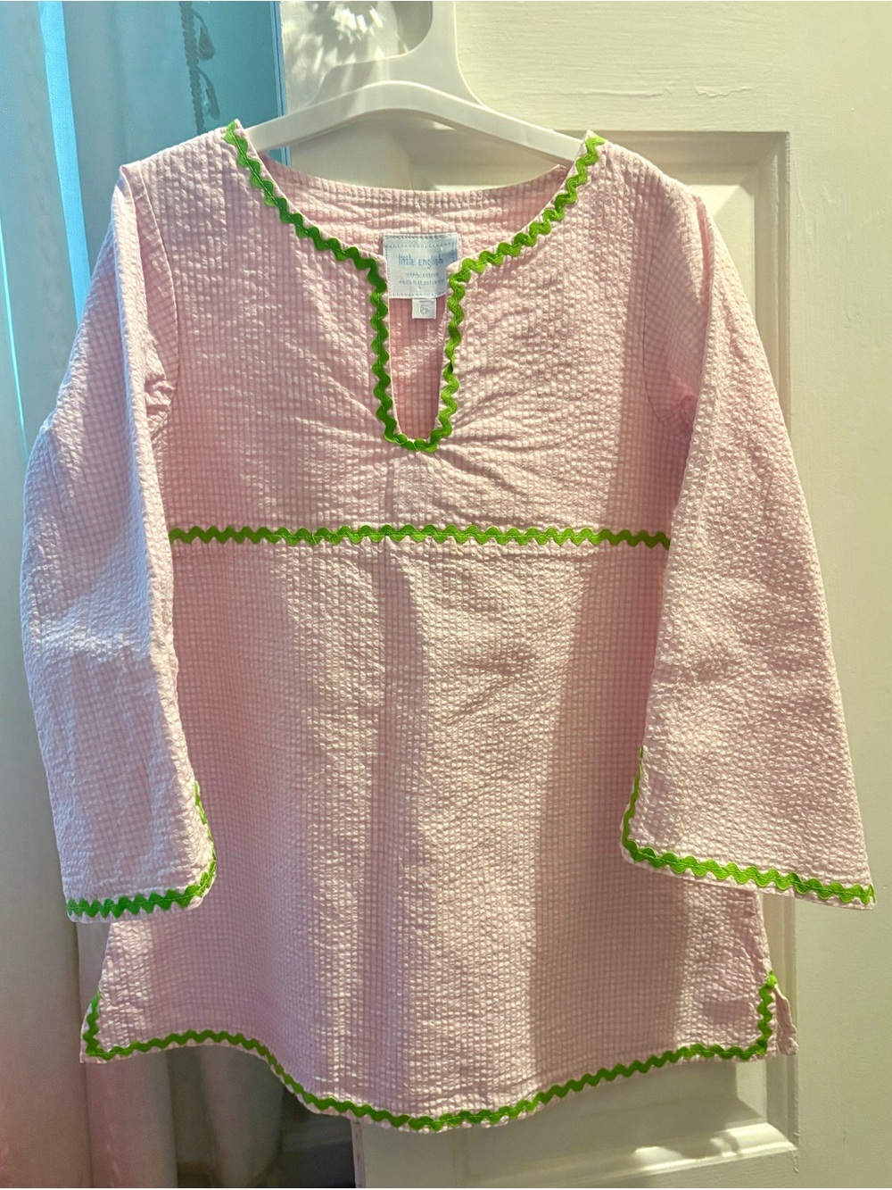 Little English Pink Seersucker Tunic with Lime Green Rickrack Trim